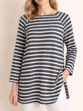 Eileen Fisher Striped Tunic Organic Linen Cotton Gray White Oversized Top XL